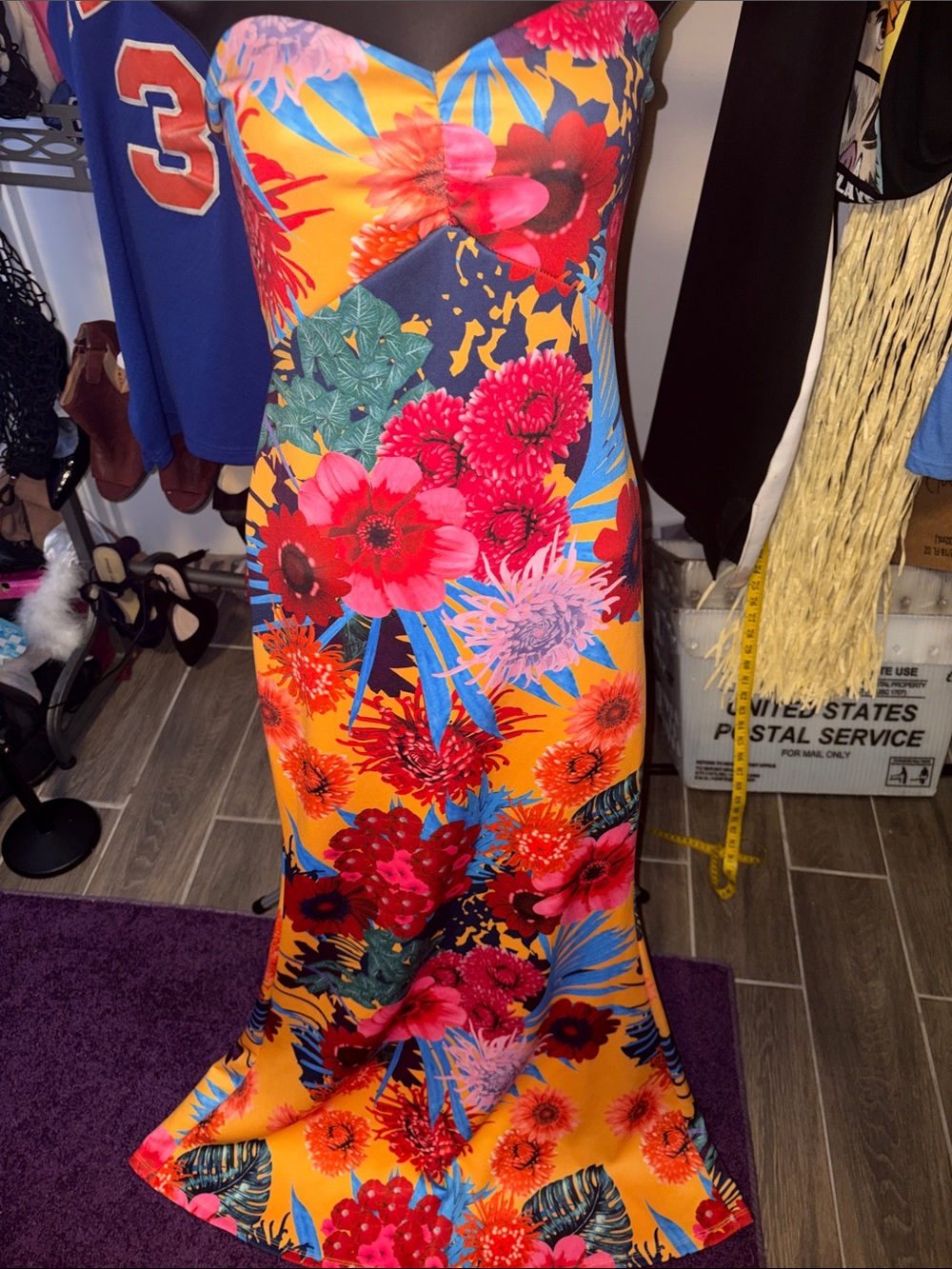 Queen Vibrant Floral Strapless Maxi Dress - Bold Orange & Multi Medium